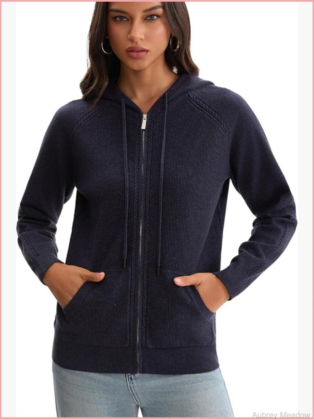 Zip Up Knit Hoodie Sweater Cardigan Long Sleeve Loose Fit Front Pockets